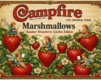 Etykieta na pianki Primitive Campfire Marshmallows z motywem letniego ogrodu truskawkowego, opakowanie na blaszkę w stylu vintage Strawberry Fairies, wersja cyfrowa