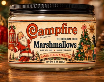 Lang vintage kampvuur marshmallows-label, retro kerstomslagdoek (digitale download)