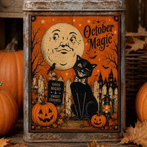 May include: A rectangular metal tin with a weathered finish featuring an orange background and a graphic illustration of a moon with a face, a black cat wearing a bow tie, two jack-o'-lanterns, and text reading October Magic and Good Night & Sweet Frights.