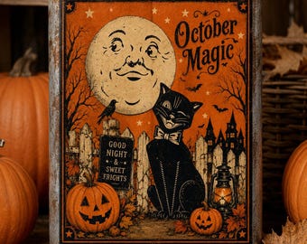 October Magic Halloween Label, Vintage Black Cat Pumpkin Art (Digital Download)