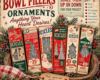May include: Six vintage-style rectangular boxes of silver tinsel icicles arranged in a wooden bowl. The packaging features retro Christmas graphics, including Santa Claus illustrations, pine trees, and text such as Brite Star, Haycrest, and Icicles.