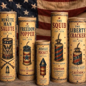 Lot d'étiquettes de pétard patriotique | Faux emballages pour feux d'artifice | Décoration américaine primitive | Étiquettes de fusée du 4 juillet