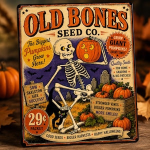 以下が含まれることがあります： Old Bones Seed Co.のヴィンテージ風広告が描かれた長方形の金属製看板。骸骨がジャック・オー・ランタンを持ち、黒猫とカボチャが描かれています。テキストには「The Biggest Pumpkins Grow Here」、「29 cents」、「Happy Halloweens」と記されています。