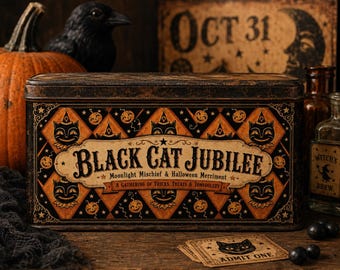 Etiqueta de hojalata de Halloween con diseño de gato negro, decoración rústica, gráfico vintage (descarga digital)