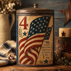K&ouml;nnte beinhalten: Eine Dose im Vintage-Stil mit patriotischem Design. Die Dose zeigt die Zahl "4", amerikanische Flaggen, Sterne und den Text "My country 'tis of thee, sweet land of Liberty, of thee I sing." Die Dose steht auf einer Holzoberfl&auml;che.