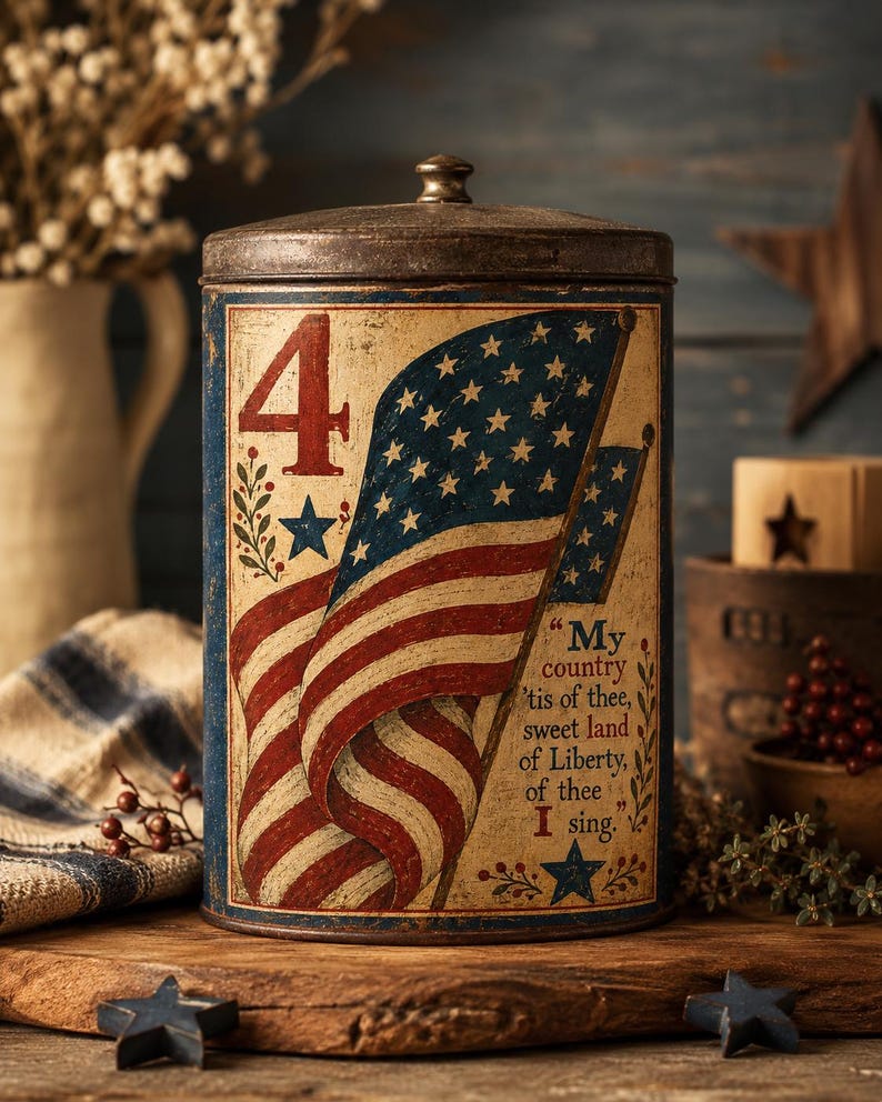 K&ouml;nnte beinhalten: Eine Dose im Vintage-Stil mit patriotischem Design. Die Dose zeigt die Zahl "4", amerikanische Flaggen, Sterne und den Text "My country 'tis of thee, sweet land of Liberty, of thee I sing." Die Dose steht auf einer Holzoberfl&auml;che.