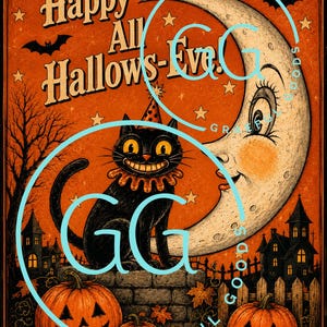 May include: A vintage-style Halloween illustration featuring a black cat wearing a polka-dot party hat, sitting on a stone wall before a large crescent moon. The scene includes three jack-o'-lanterns, bare trees, and the text Happy All Hallows-Eve.