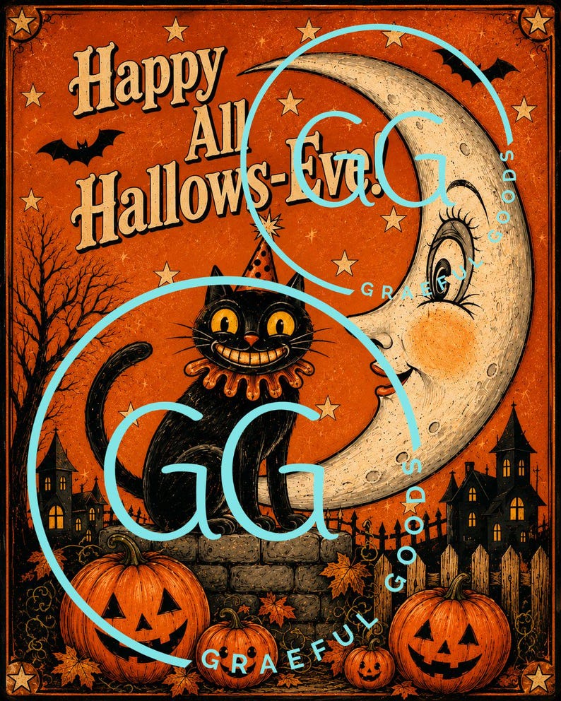 May include: A vintage-style Halloween illustration featuring a black cat wearing a polka-dot party hat, sitting on a stone wall before a large crescent moon. The scene includes three jack-o'-lanterns, bare trees, and the text Happy All Hallows-Eve.