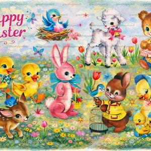 Puede incluir: Ilustración de estilo vintage con las palabras "Happy Easter" y personajes de Pascua. La imagen presenta un pájaro azul en un nido, un cordero, un oso, un conejo rosa, patos, un ciervo y un conejo marrón sosteniendo una jaula.