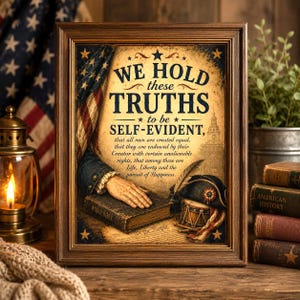 May include: A framed wall art print featuring the text WE HOLD these TRUTHS to be SELF-EVIDENT, that all men are created equal, that they are endowed by their Creator with certain unalienable rights, that among these are Life, Liberty and the pursuit of Happiness.