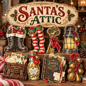 May include: A decorative sign reading Santa's Attic above various Christmas-themed cutouts including black boots, striped elf stockings, a gold key, a lantern, a mail bag, a bottle labelled Christmas Magic, a book titled Santa's List, and gold bells.