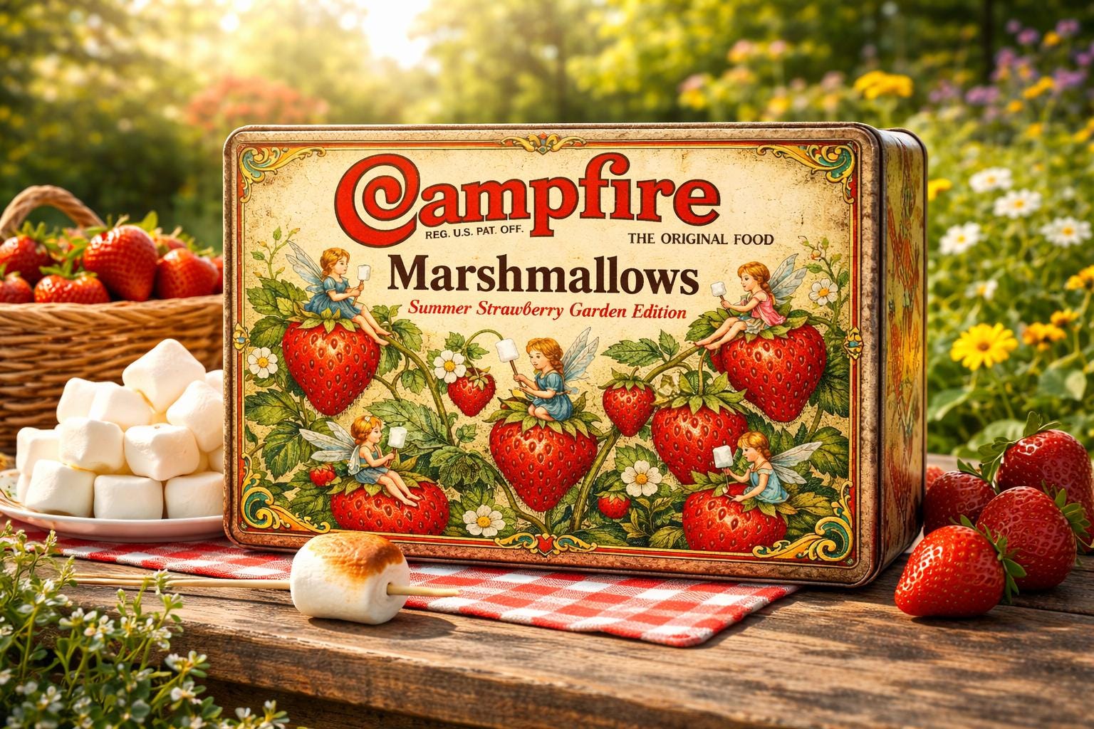 Primitive Campfire Marshmallows Summer Strawberry Garden Label, Vintage ...