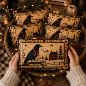 May include: A rectangular decorative pillow featuring a black crow wearing a red and white plaid scarf, a red house, pine trees, and a fence. The design includes a label reading From Santa Claus With Love and small red hearts and black stars.