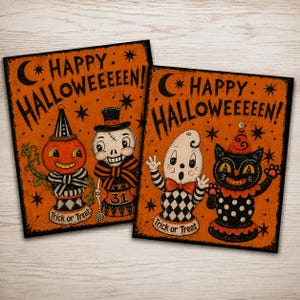 May include: Two rectangular Halloween prints on an orange background with black text reading HAPPY HALLOWEEEEN! and Trick or Treat. The images feature a pumpkin character, a skeleton, a ghost, and a black cat wearing party hats and collars.