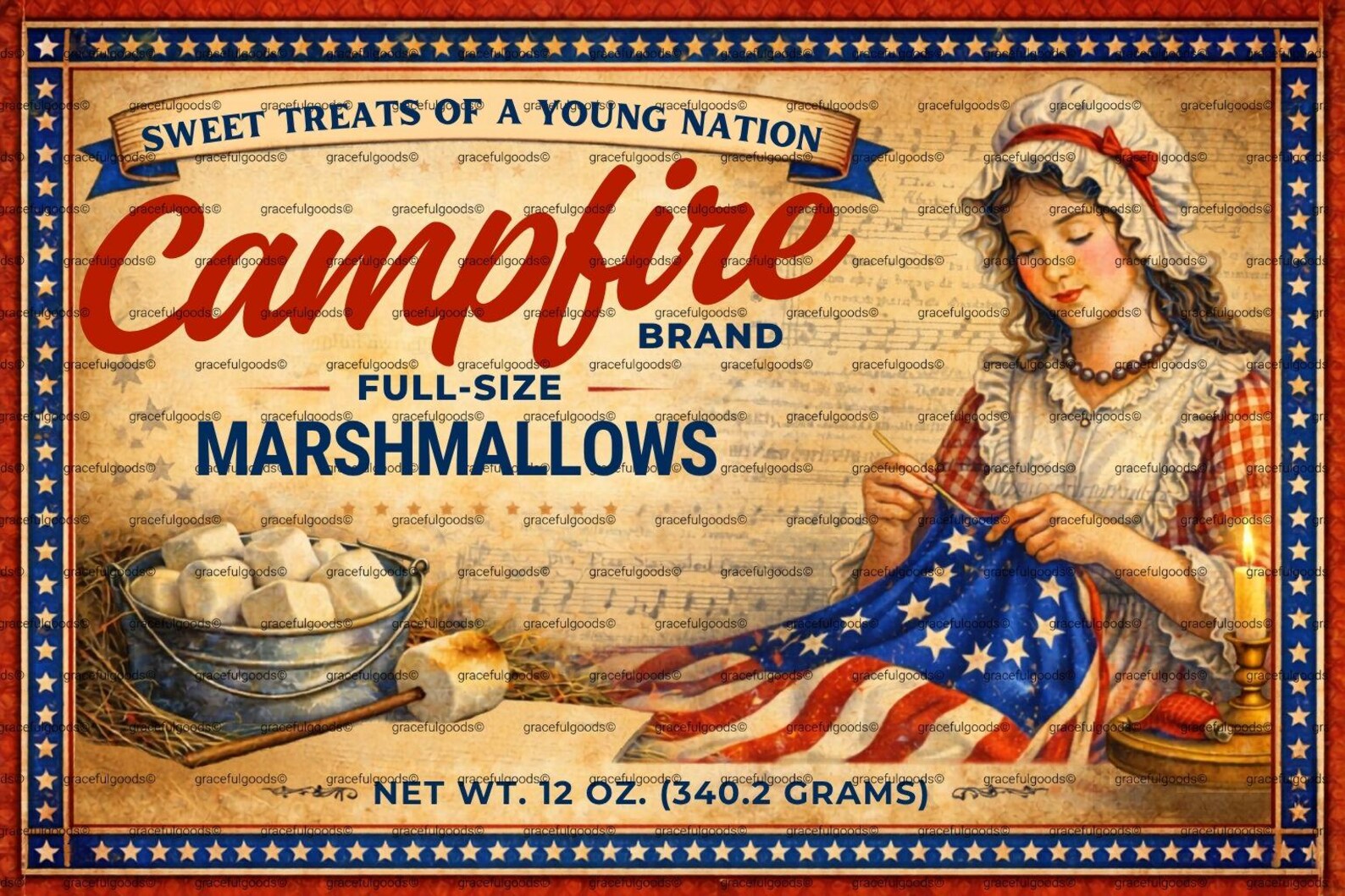Vintage Campfire Marshmallows Label, Betsy Ross Colonial Flag Art ...