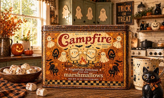 Primitive Halloween Campfire Marshmallow Label, Frightfully Delicious Vintage Style Reproduction, Whimsical Ghost Pumpkin Art
