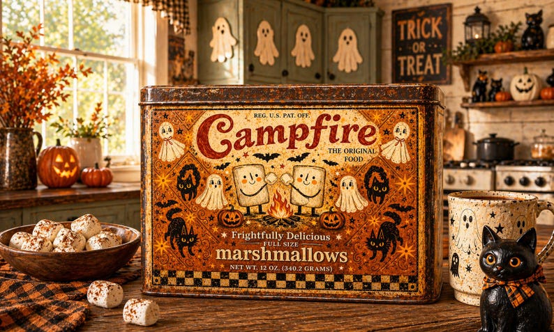 Puede incluir: Una lata de malvaviscos Campfire vintage con gr&aacute;ficos tem&aacute;ticos de Halloween, que incluyen fantasmas, calabazas y murci&eacute;lagos. La lata est&aacute; junto a un cuenco de malvaviscos y una taza con tem&aacute;tica de Halloween. Una figura de gato negro est&aacute; en primer plano.