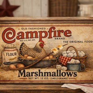 May include: Vintage-style metal tin with a rustic design. The label reads "Campfire Brand" and features illustrations of a hen, eggs, marshmallows, and a flour sack. The tin is labeled "Net Wt. 12 oz. (340.2 grams)".