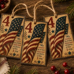 K&ouml;nnte beinhalten: Drei rechteckige Geschenkanh&auml;nger mit einem Vintage-Design der amerikanischen Flagge. Jeder Anh&auml;nger zeigt die Zahl "4", Sterne und Streifen sowie den Text "My country 'tis of thee, sweet land of Liberty, of thee I sing."