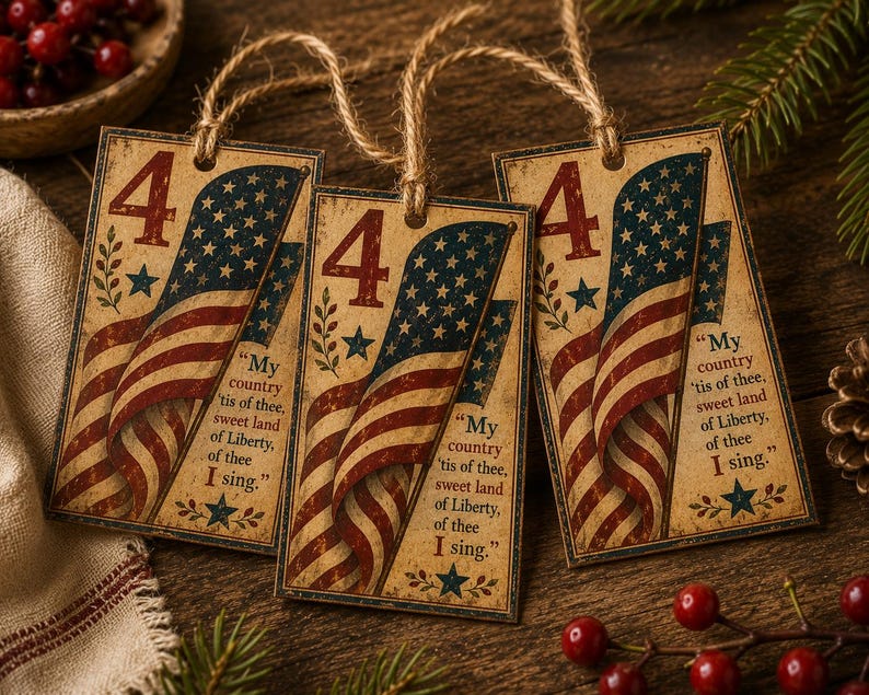 K&ouml;nnte beinhalten: Drei rechteckige Geschenkanh&auml;nger mit einem Vintage-Design der amerikanischen Flagge. Jeder Anh&auml;nger zeigt die Zahl "4", Sterne und Streifen sowie den Text "My country 'tis of thee, sweet land of Liberty, of thee I sing."