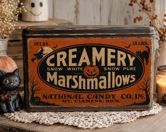 Etiqueta primitiva para malvaviscos de Halloween (descarga digital), letrero vintage para dulces, decoración retro de Halloween en naranja y negro.
