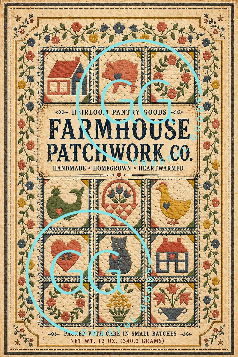 Farmhouse Patchwork Pantry Label, Vintage Quilt Kitchen Decor (digital ...