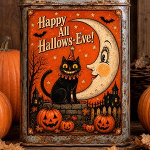May include: A rectangular metal tin with a distressed finish featuring a vintage-style illustration of a black cat wearing a party hat, a crescent moon with a face, and jack-o'-lanterns. The text "Happy All Hallows-Eve!" is printed in orange.