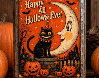 Vintage Black Cat Halloween Label, Moon Pumpkin Folk Art (Digital Download)