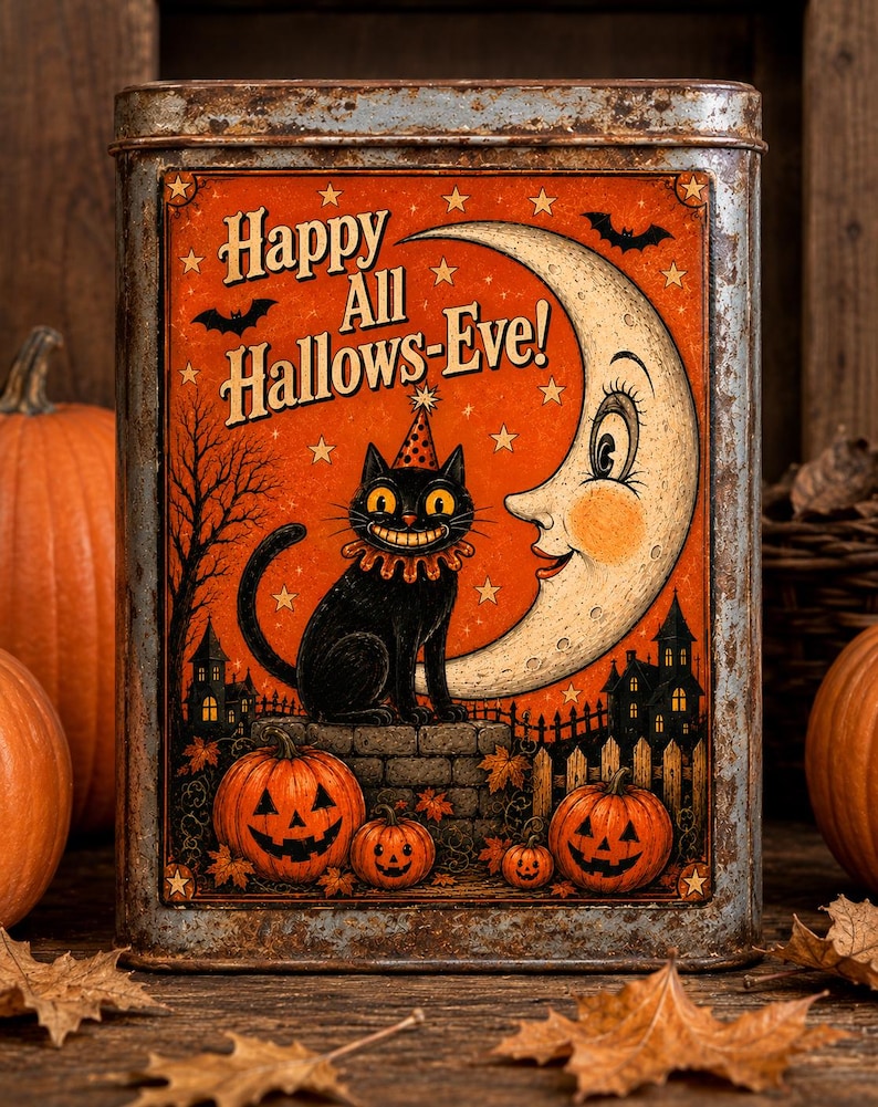 May include: A rectangular metal tin with a distressed finish featuring a vintage-style illustration of a black cat wearing a party hat, a crescent moon with a face, and jack-o'-lanterns. The text "Happy All Hallows-Eve!" is printed in orange.