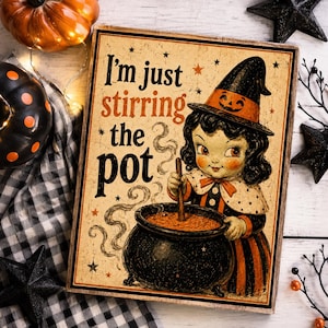 Vintage Witch Stirring Pot Halloween Art Print, Primitive Folk Decor (4x5)