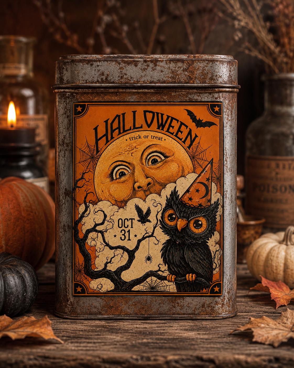 Vintage Halloween Owl Moon Label, Rustic Primitive Fall Decor (Digital Download)