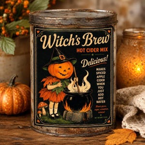 May include: A cylindrical metal tin with a rusted finish featuring a black label with the text Witch's Brew Hot Cider Mix. The graphic depicts a pumpkin-headed figure in a witch hat stirring a black cauldron over a fire. Net weight 12 oz.