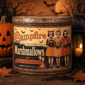 Etiqueta vintage de malvaviscos para fogata de Halloween, envoltorio de lata retro con chicas esqueleto (descarga digital)