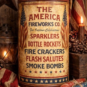 May include: A vintage-style fireworks tin with the text "THE AMERICA FIREWORKS CO." and a list of fireworks. The tin is cylindrical, with red and blue accents, and two American flags. Sparklers, bottle rockets, and firecrackers are listed.