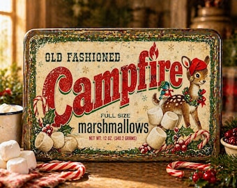 Reproduction Christmas Campfire Marshmallow Label, Retro Deer Candy Cane Design (Digital Download)