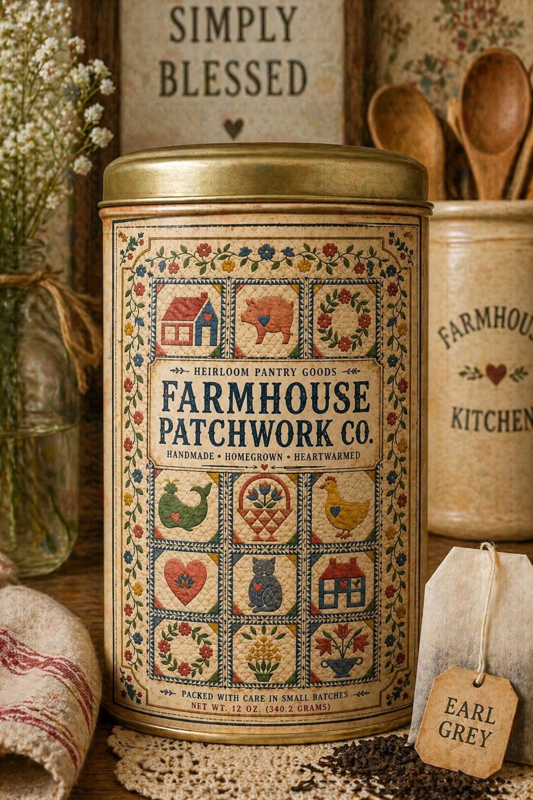 Farmhouse Patchwork Pantry Label, Vintage Quilt Kitchen Decor (digital ...