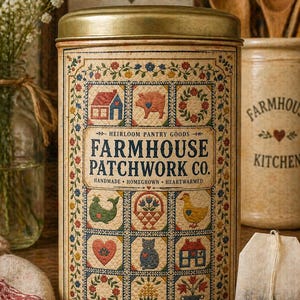 May include: A decorative tin with a gold lid and a patchwork design label. The label reads "FARMHOUSE PATCHWORK CO." and features a house, pig, and other country motifs. The tin contains Earl Grey tea. Net weight is 340.2 grams.