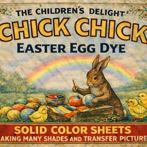 May include: Vintage Easter egg dye advertisement. The image features a brown rabbit painting eggs, with chicks and a rainbow in the background. Text includes "The Children's Delight" and "Easter Egg Dye".