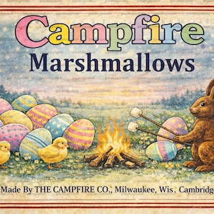 Vintage Ostern Zinn Aufkleber | Lagerfeuer Marshmallows Hase (Digital Download PNG)