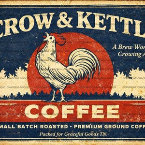 Op de afbeelding: Vintage bord voor "Crow & Kettle Coffee". Het ontwerp toont een haan tegen een rode cirkel, met witte en rode tekst op een blauwe achtergrond. De tekst luidt "A Brew Worth Crowing About".