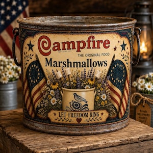 May include: A vintage metal bucket with the words "Campfire Marshmallows" and "Let Freedom Ring." The bucket features American flags, stars, and a floral design. It has two handles and sits on a wooden surface.