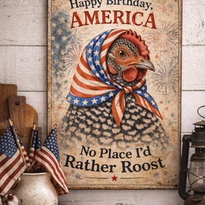 May include: A rustic metal sign with a chicken wearing a patriotic scarf, with the text "Happy Birthday, AMERICA" and "No Place I'd Rather Roost". The sign is surrounded by American flags and a vintage lantern.