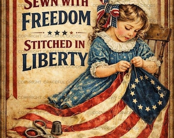 Primitive Americana Sewing Label Patriotic Girl Flag Vintage Style Farmhouse Decor Digital Download
