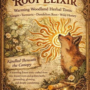 May include: A vintage-style label for "FOXFIRE ROOT ELIXIR." The label features a fox looking up at a sunburst design. Text includes "Warming Woodland Herbal Tonic" and ingredients. The label also states "Net Wt. 8 oz."