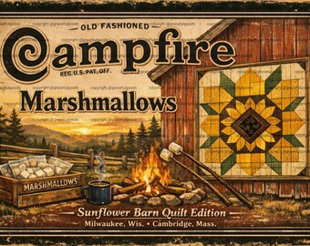 Etykieta na pianki „Sunflower Barn Quilt Campfire Marshmallows” – rustykalny wystrój kuchni w stylu wiejskim (do pobrania w wersji cyfrowej)
