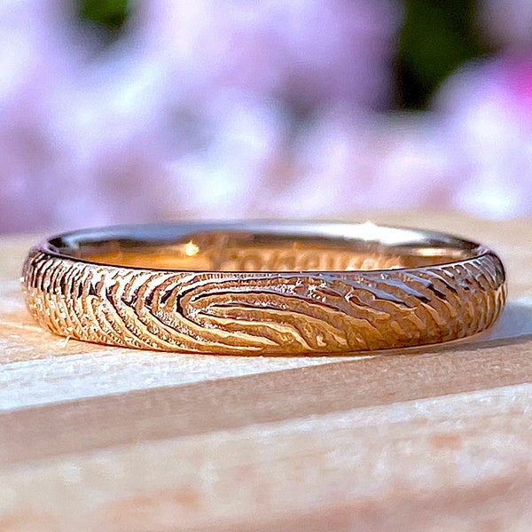 Solid Gold 14k Custom Fingerprint Wedding Band, Rose, White, Yellow Gold Womens Half Round Comfort Fit Engraved Ring 2mm 3mm 4mm 5mm 6mm 8mm