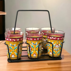 Cutting Chai (Set of-6)  Hand Painted Metal Stand  for dining decor and kitchen Decor with beautiful Stand and Indian Glasses (7.5x5x8)
