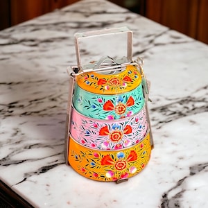 Tiffin Hand Painted 3 Tier Tiffin Lunch Containers Indian Tiffin Picnic Food Tiffin Christmas Gift Housewarming Gift 3rd Annivesary Gift
