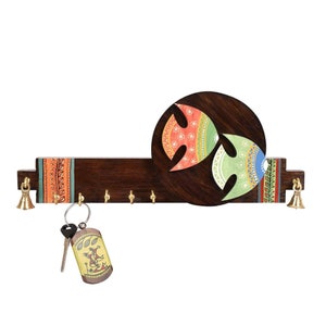 Wooden Multi-Color Fish Hand Painted Madhubani Wall Hanging Key Hook & Holder (5 Hooks) and Housewarming Gift and Home Decor| Wall Decor