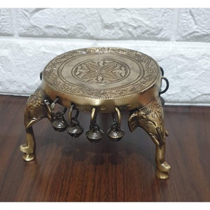 Elephant Chowki  for Home Decor Elephant Pillars Design Pooja Brass Chowki with Ghungroo - Pooja Chowki and Housewarming Gift Birthday Gift